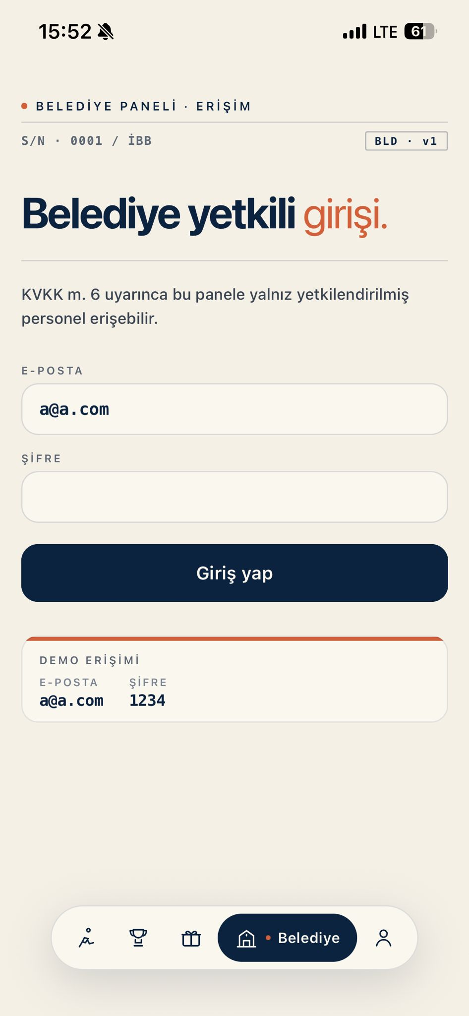 Belediye yetkili girişi